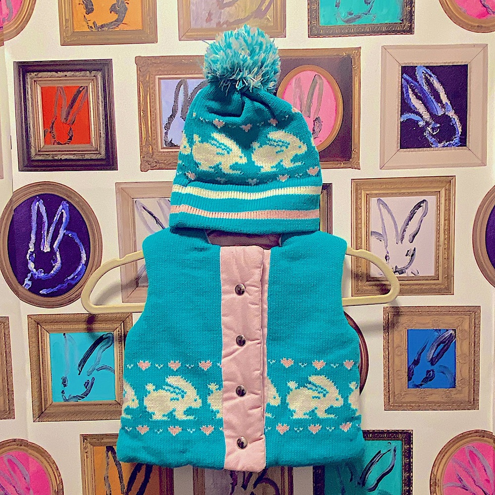 Adorable Vintage 80s Baby Reversible Vest & Matching Hat Set, Teal & Pink